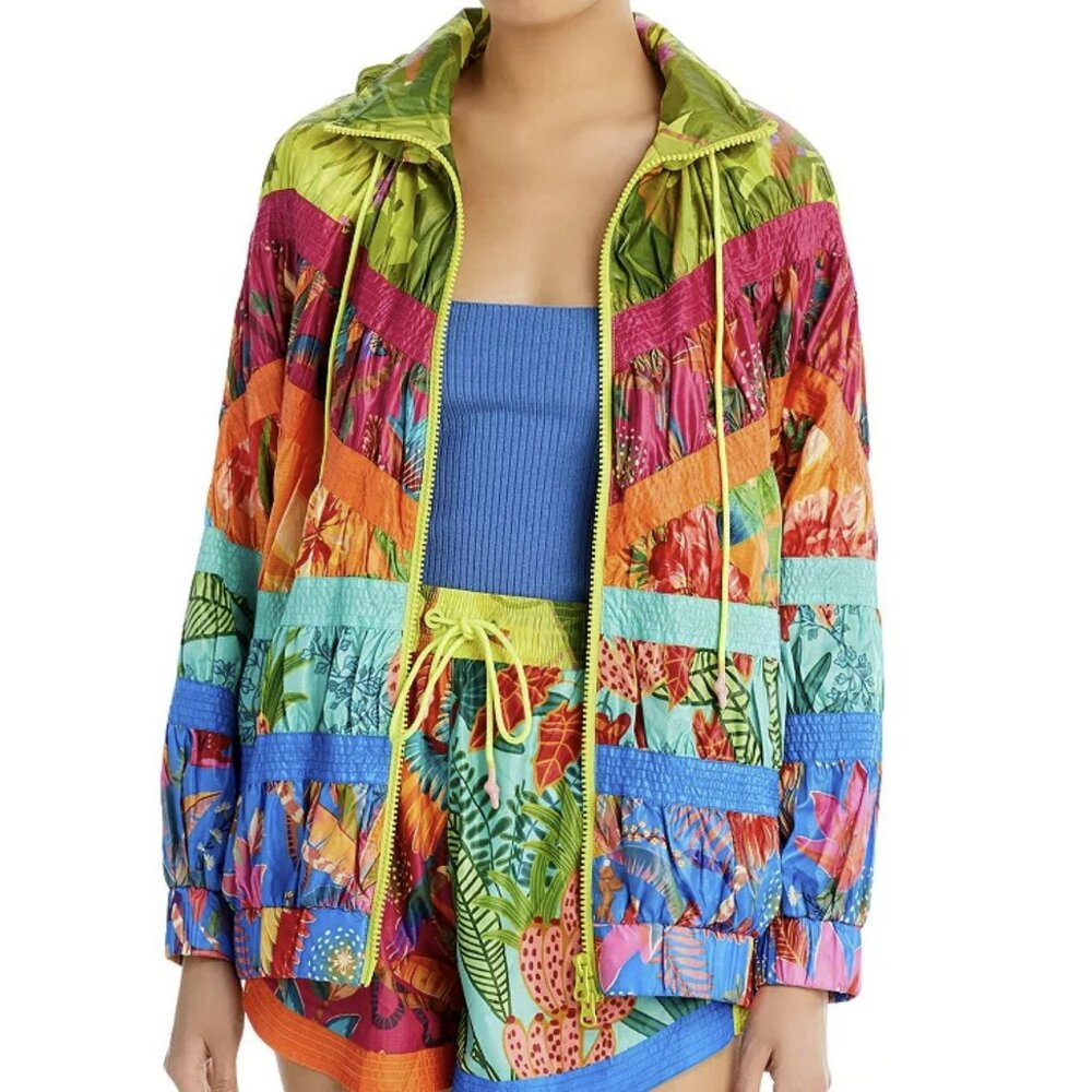 Farm Rio Tropical Parrot Mixed Print Windbreaker Boho Zip Jacket Sz Large NWT
